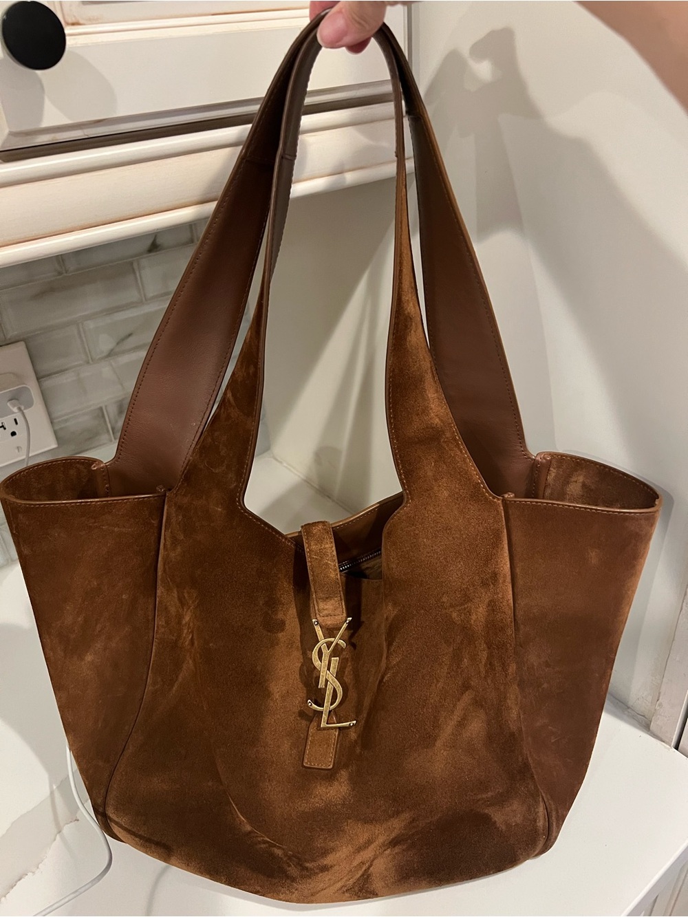 Saint Laurent Brown Suede Tote with Gold YSL Emblem - Picture 16 of 16